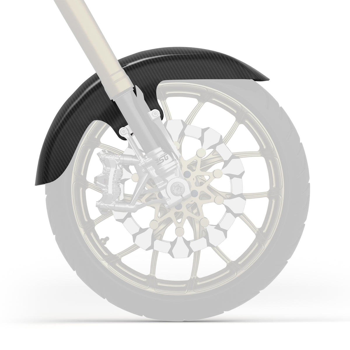 Side view of SuperGear ST-style front fender for Harley-Davidson Touring performance baggerbuilds.
Front view