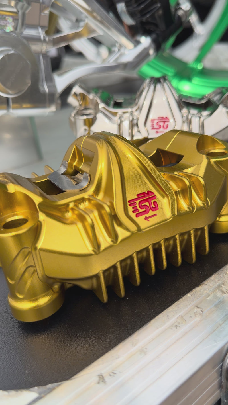 See the RF7 108mm radial brake caliper in three premium finishes: Black Anodized, Gold Anodized, and Nickel Plated. Built for high-performance Harley Touring and Performance Bagger applications.