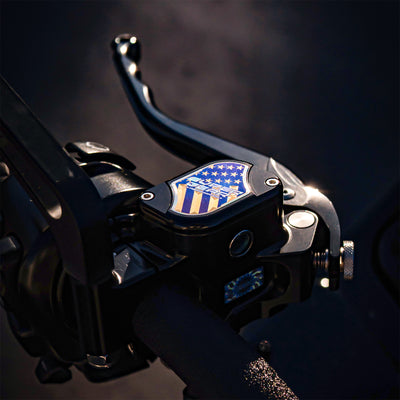 RF7 Nightstrike Black radial clutch master cylinder installed on a Harley-Davidson Touring motorcycle with a 1-inch handlebar.