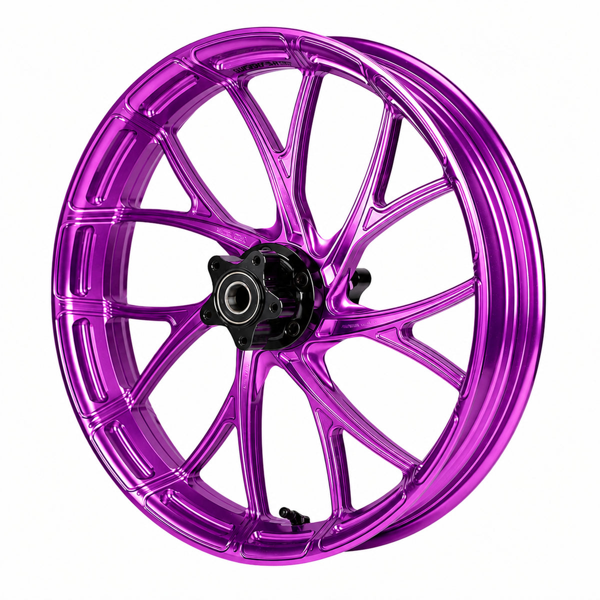 SuperGear 19 inch front forged wheel hub assembly designed for Harley Touring motorcycles, featuring CNC machined aluminum construction and premium anodized color finishes for custom performance bagger builds.