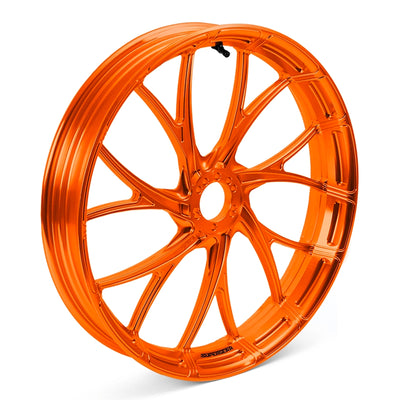 Forged aluminum Y-spoke wheel, Harley Touring, Road Glide RG/FLTRX, Street Glide SG/FLHX front, gulf orange