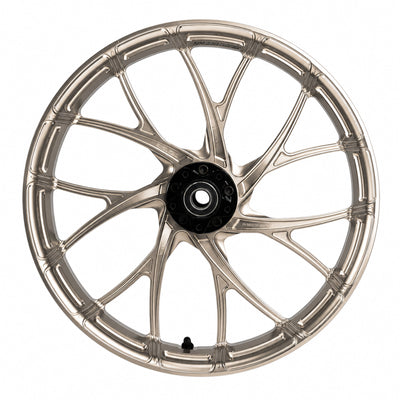 SuperGear 21 inch front forged wheel hub assembly designed for Harley Touring motorcycles, featuring CNC machined aluminum construction and premium anodized color finishes for custom performance bagger builds.