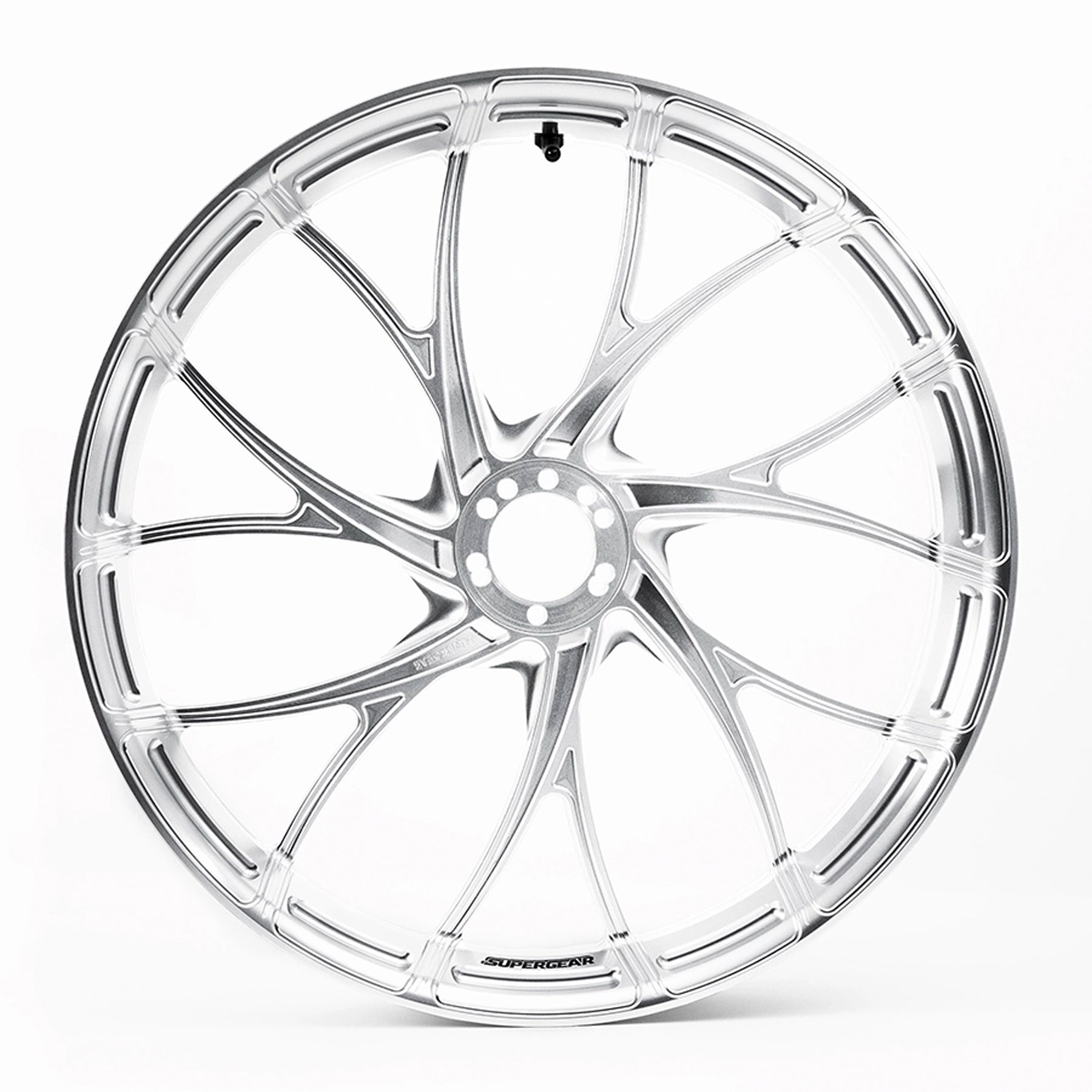 SuperGear 21 inch front forged aluminum wheel for Harley Touring bagger builds with CNC machined Y-spoke design and lightweight performance structure