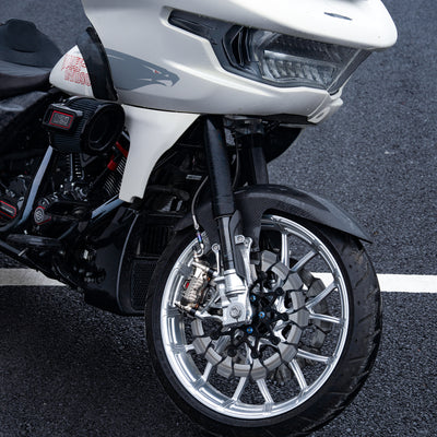 SuperGear forged front wheel paired with RF7 inverted front forks on a Harley-Davidson 24 road glide cvo st performance build.