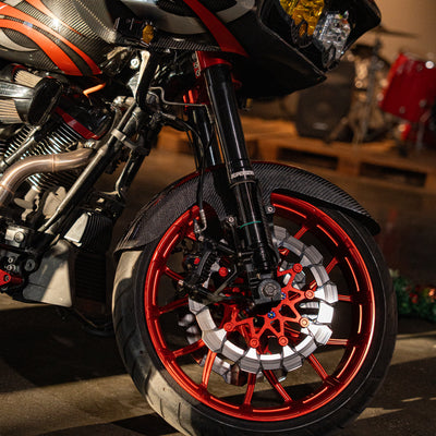 SuperGear forged front wheel paired with RF7 inverted front forks on a Harley-Davidson Touring performance build