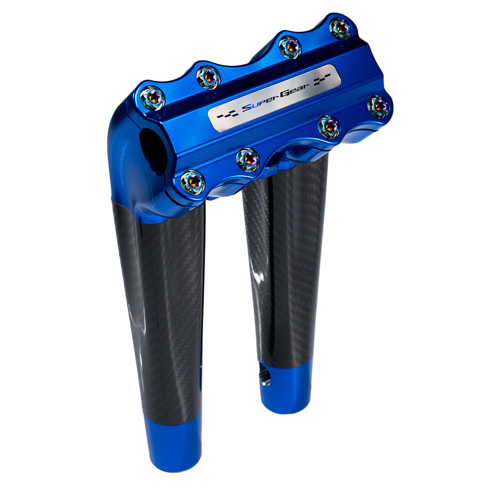 SuperGear Performance 10 Inch Pullback Handlebar Riser for Harley Davidson 1" Bars - Deep Current Blue Carbon Fiber CNC Billet