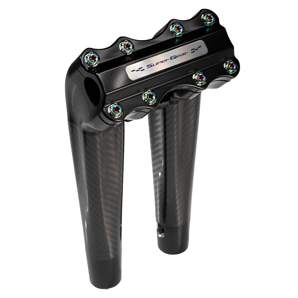 SuperGear Performance 10 Inch Pullback Handlebar Riser for Harley Davidson 1" Bars - Nightstrike Black Carbon Fiber CNC Billet