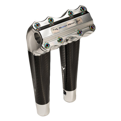SuperGear Performance 10 Inch Pullback Handlebar Riser for Harley Davidson 1" Bars - Ridgeline Silver Carbon Fiber CNC Billet