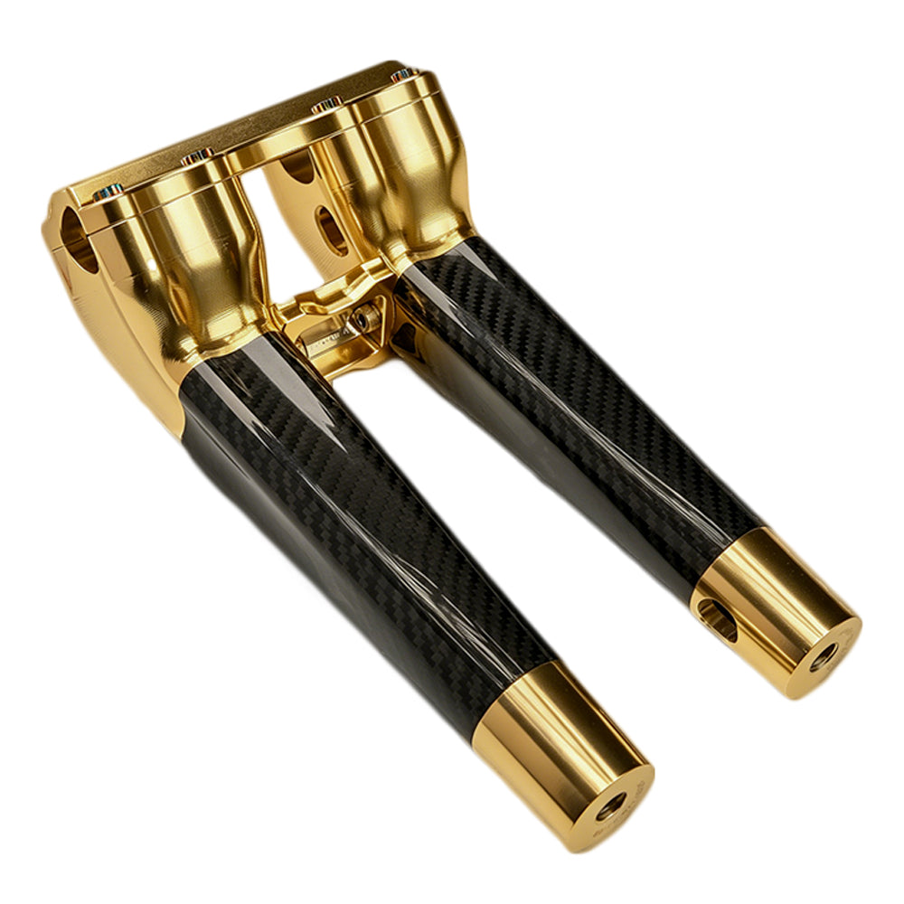 SuperGear Performance 10 Inch Pullback Handlebar Riser for Harley Davidson 1" Bars - Sunchaser Gold Carbon Fiber CNC Billet