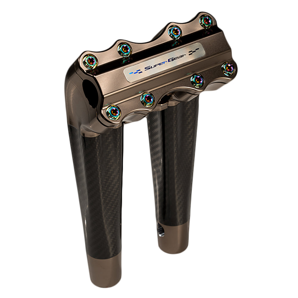 SuperGear Performance 10 Inch Pullback Handlebar Riser for Harley Davidson 1" Bars - Titanium Gold Carbon Fiber CNC Billet