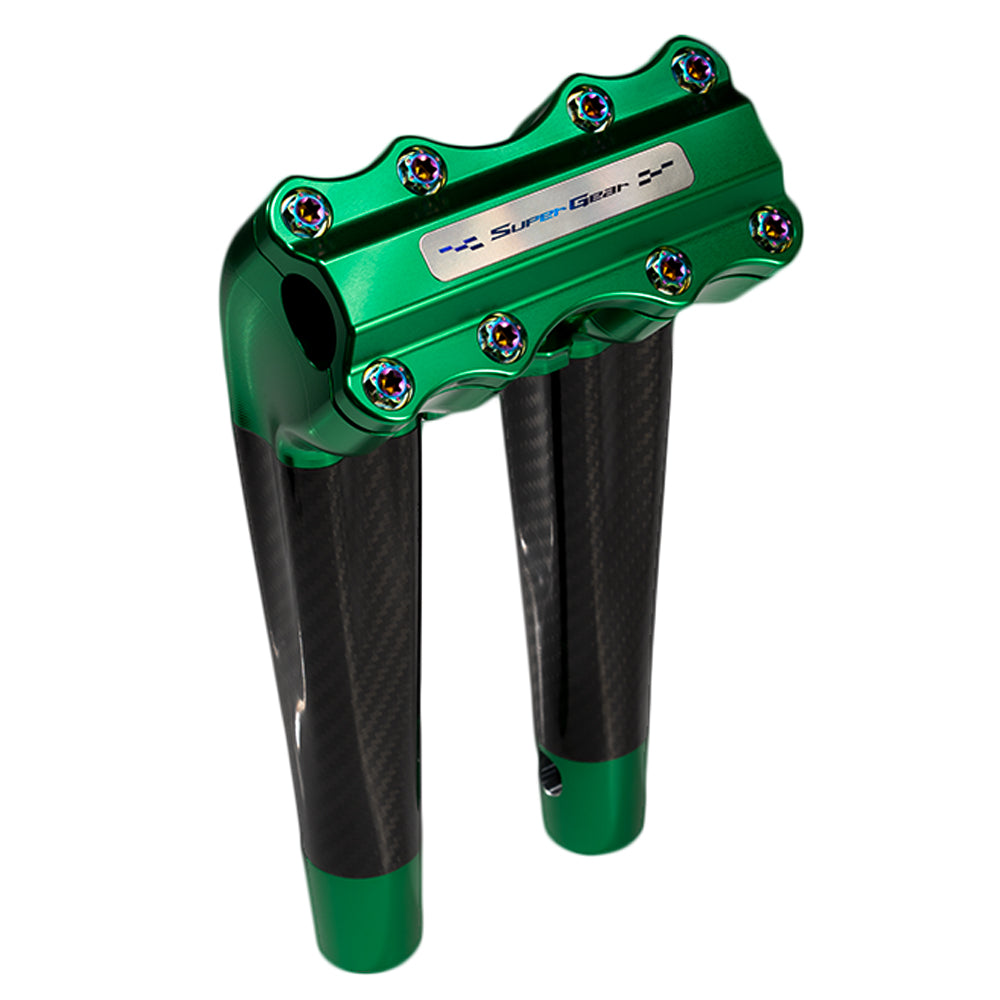 SuperGear Performance 10 Inch Pullback Handlebar Riser for Harley Davidson 1" Bars - Viper Green Carbon Fiber CNC Billet
