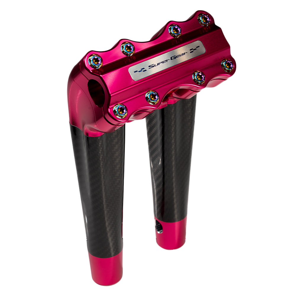 SuperGear Performance 10 Inch Pullback Handlebar Riser for Harley Davidson 1" Bars - Wildblossom Pink Carbon Fiber CNC Billet