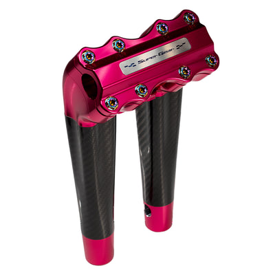 SuperGear Performance 10 Inch Pullback Handlebar Riser for Harley Davidson 1" Bars - Wildblossom Pink Carbon Fiber CNC Billet