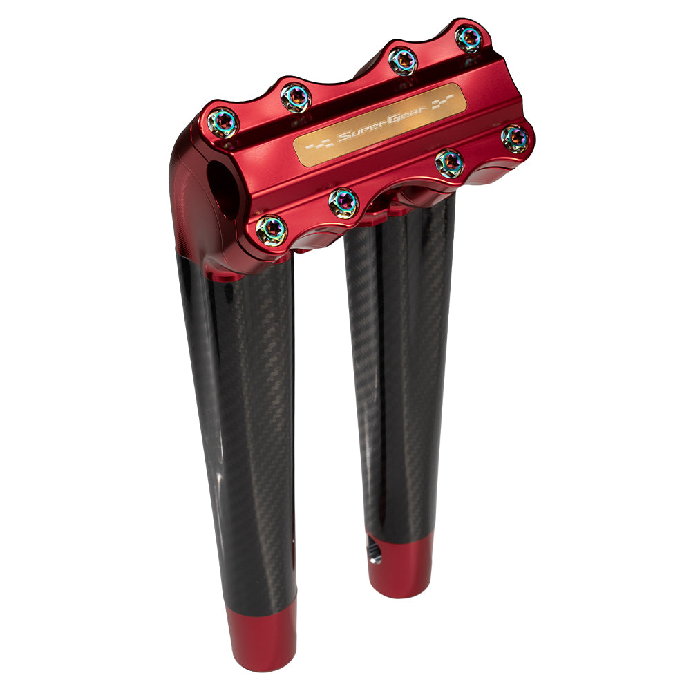 SuperGear Performance 12 Inch Pullback Handlebar Riser for Harley Davidson 1" Bars - Daytona Red Carbon Fiber CNC Billet