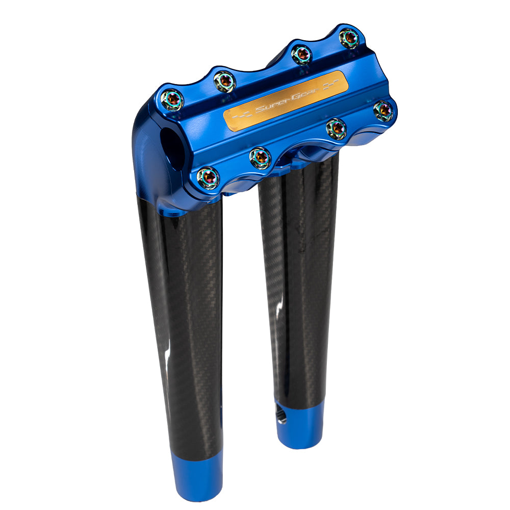 SuperGear Performance 12 Inch Pullback Handlebar Riser for Harley Davidson 1" Bars - Deep Current Blue Carbon Fiber CNC Billet