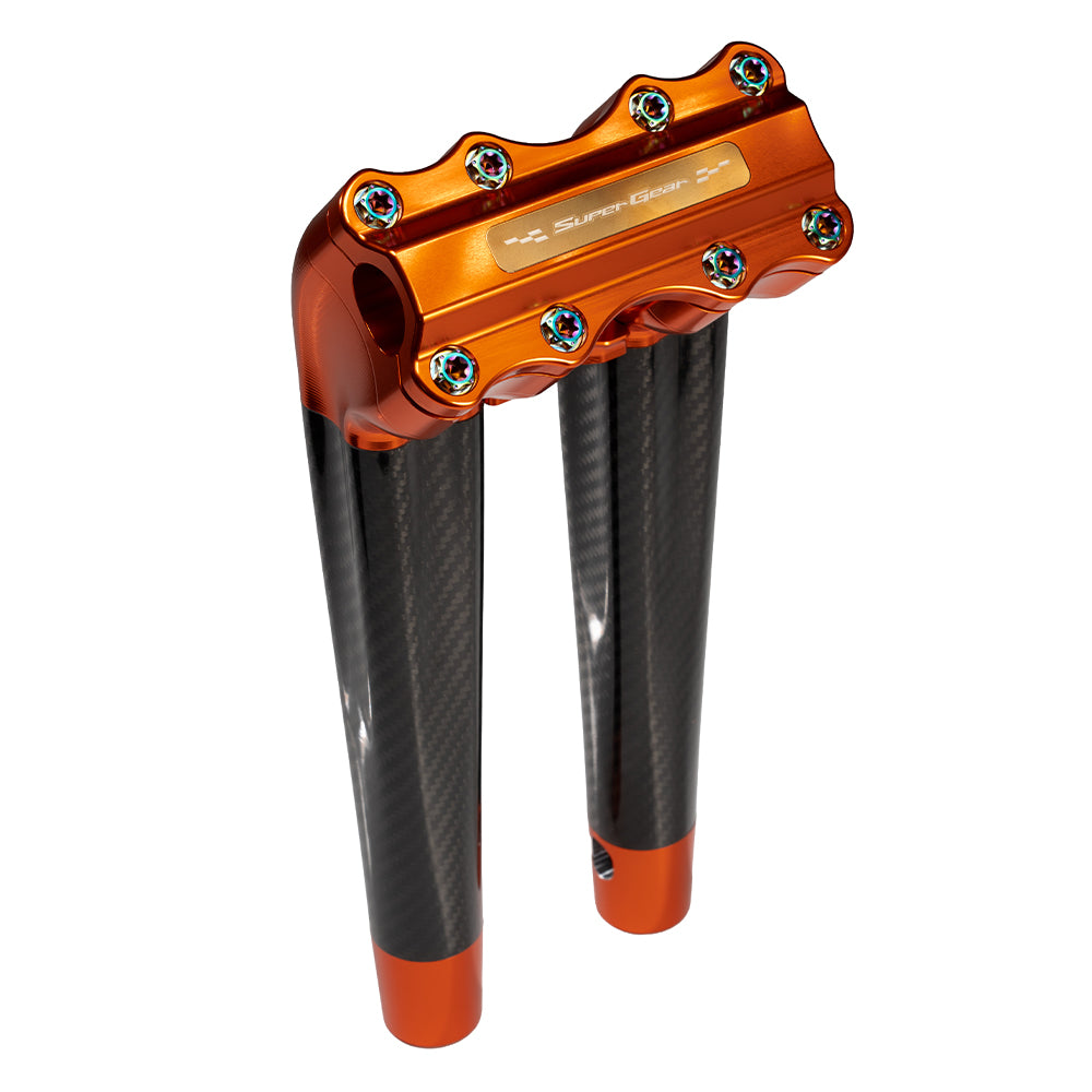 SuperGear Performance 12 Inch Pullback Handlebar Riser for Harley Davidson 1" Bars - Gulf Orange Carbon Fiber CNC Billet