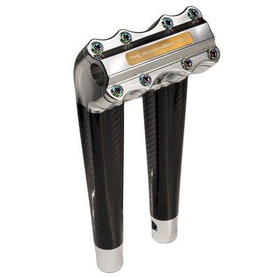 SuperGear Performance 12 Inch Pullback Handlebar Riser for Harley Davidson 1" Bars - Ridgeline Silver Carbon Fiber CNC Billet