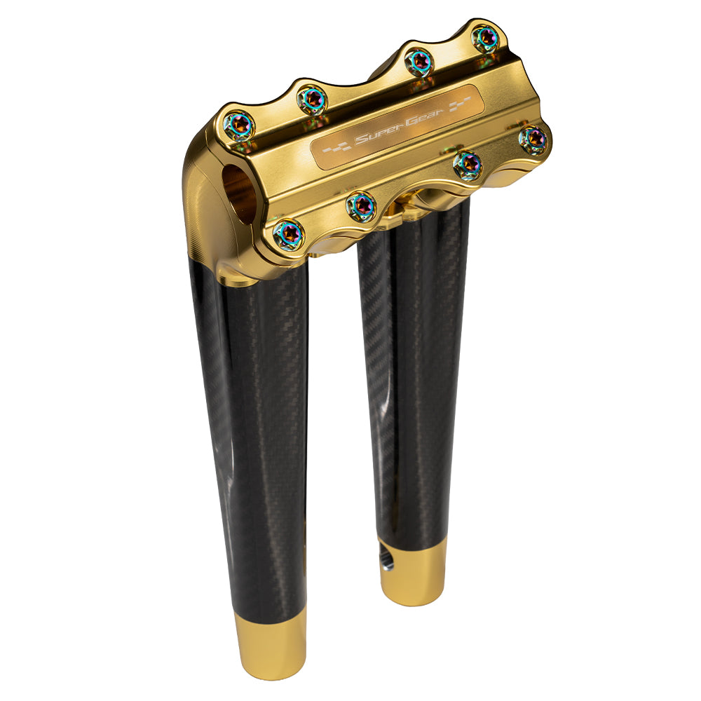 SuperGear Performance 12 Inch Pullback Handlebar Riser for Harley Davidson 1" Bars - Sunchaser Gold Carbon Fiber CNC Billet
