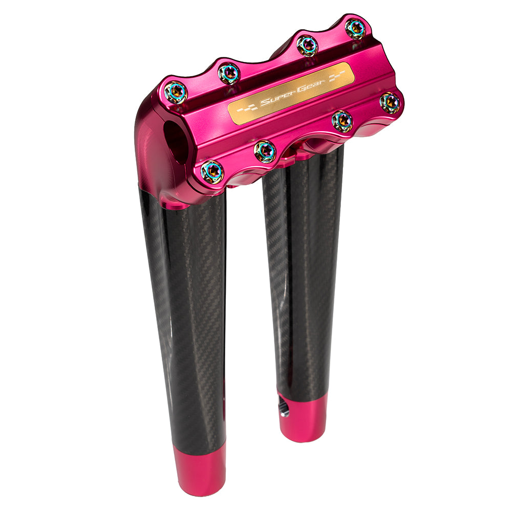 SuperGear Performance 12 Inch Pullback Handlebar Riser for Harley Davidson 1" Bars - Wildblossom Pink Carbon Fiber CNC Billet