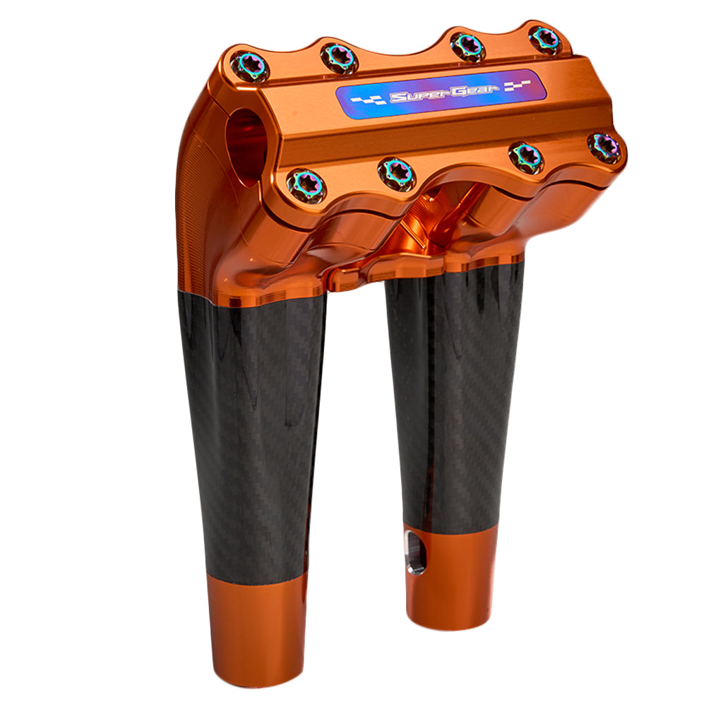 SuperGear Performance 8 Inch Pullback Handlebar Riser for Harley Davidson 1" Bars - Gulf Orange Carbon Fiber CNC Billet