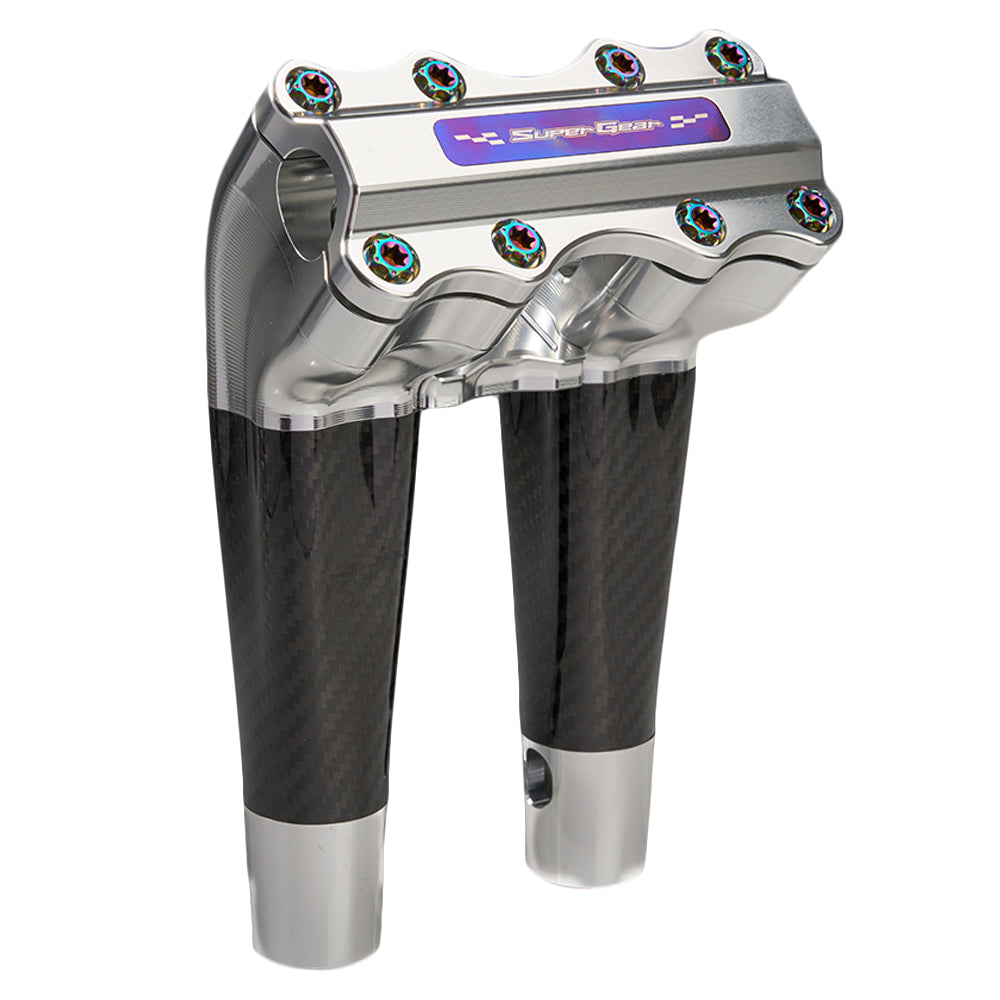 SuperGear Performance 8 Inch Pullback Handlebar Riser for Harley Davidson 1" Bars - Ridgeline Silver Carbon Fiber CNC Billet