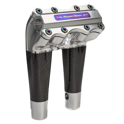 SuperGear Performance 8 Inch Pullback Handlebar Riser for Harley Davidson 1" Bars - Ridgeline Silver Carbon Fiber CNC Billet