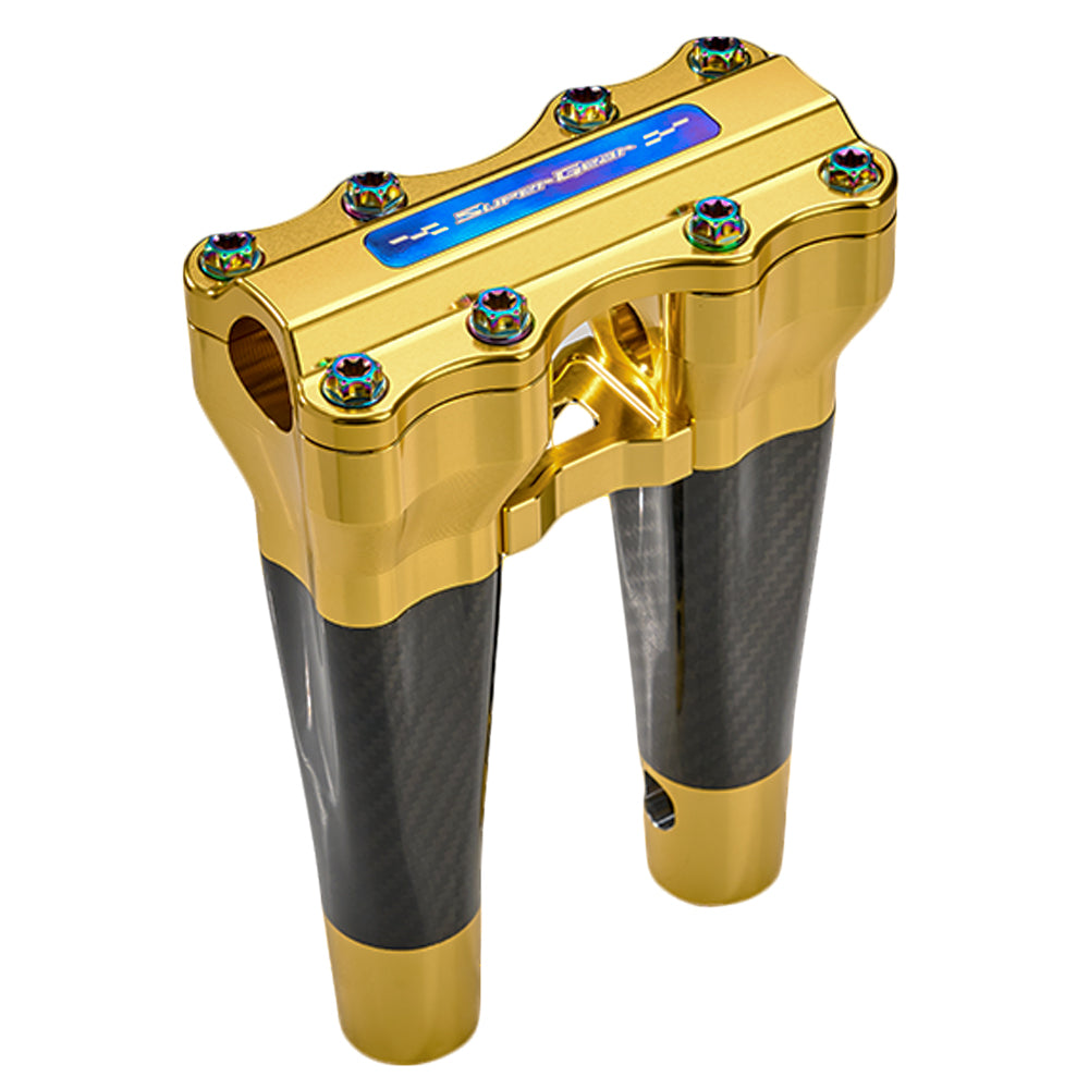 SuperGear Performance 8 Inch Straight Handlebar Riser for Harley Davidson 1" Bars - Sunchaser Gold Carbon Fiber CNC Billet