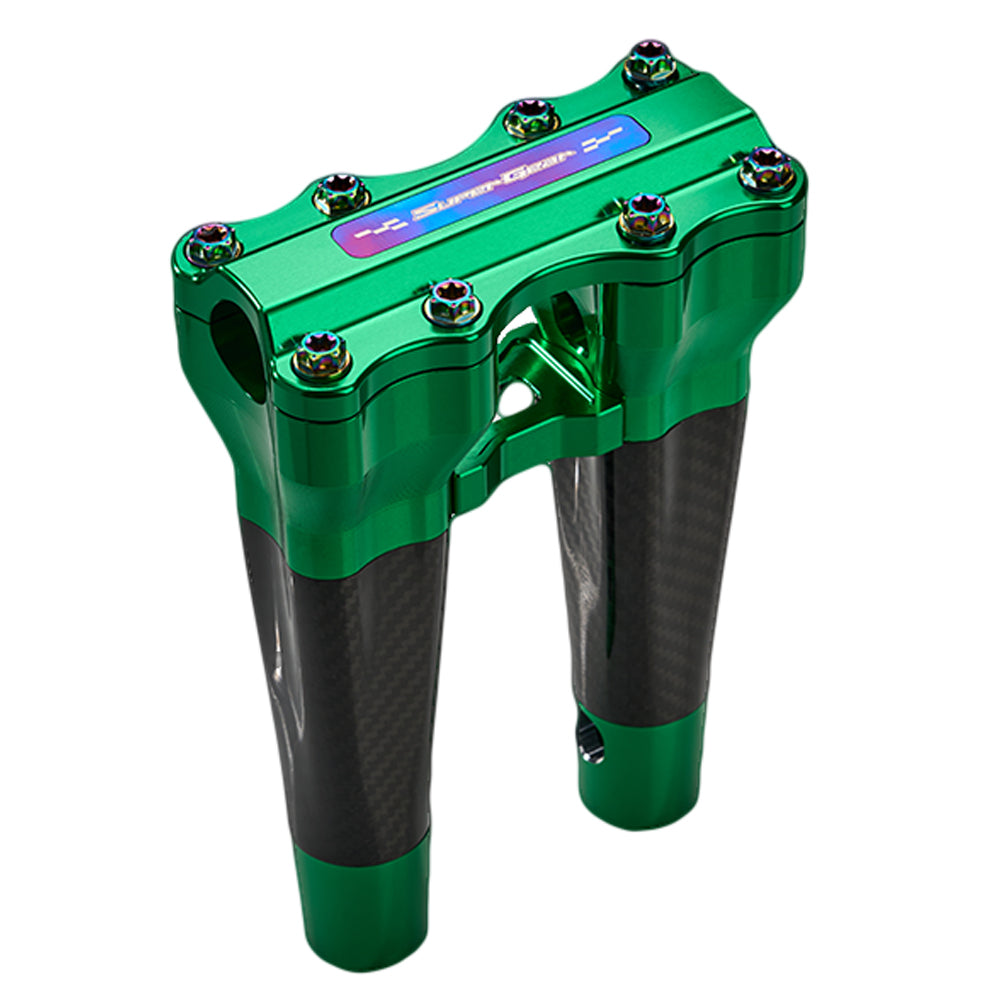 SuperGear Performance 8 Inch Straight Handlebar Riser for Harley Davidson 1" Bars - Viper Green Carbon Fiber CNC Billet