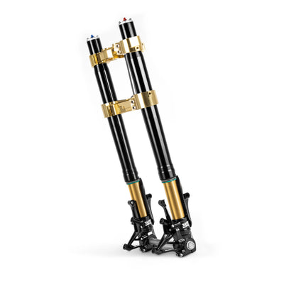 SuperGear RF7 inverted front end kit with gold triple trees and lower sections, full angled view.