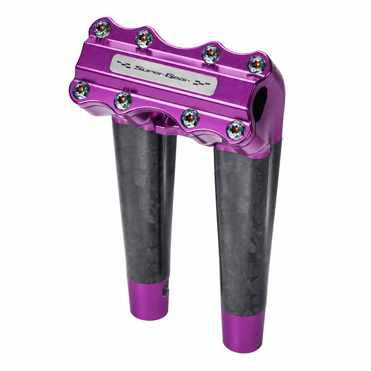 SuperGear RF7 10 inch pullback risers with matte forged carbon finish in Canyonshade Purple, CNC billet aluminum construction for Harley Touring, Road Glide, Street Glide, Performance Bagger, and custom Harley builds.
