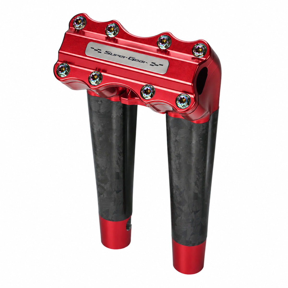SuperGear RF7 10 inch pullback risers with matte forged carbon finish in Daytona Red, CNC billet aluminum construction for Harley Touring, Road Glide, Street Glide, Performance Bagger, and custom Harley builds.
