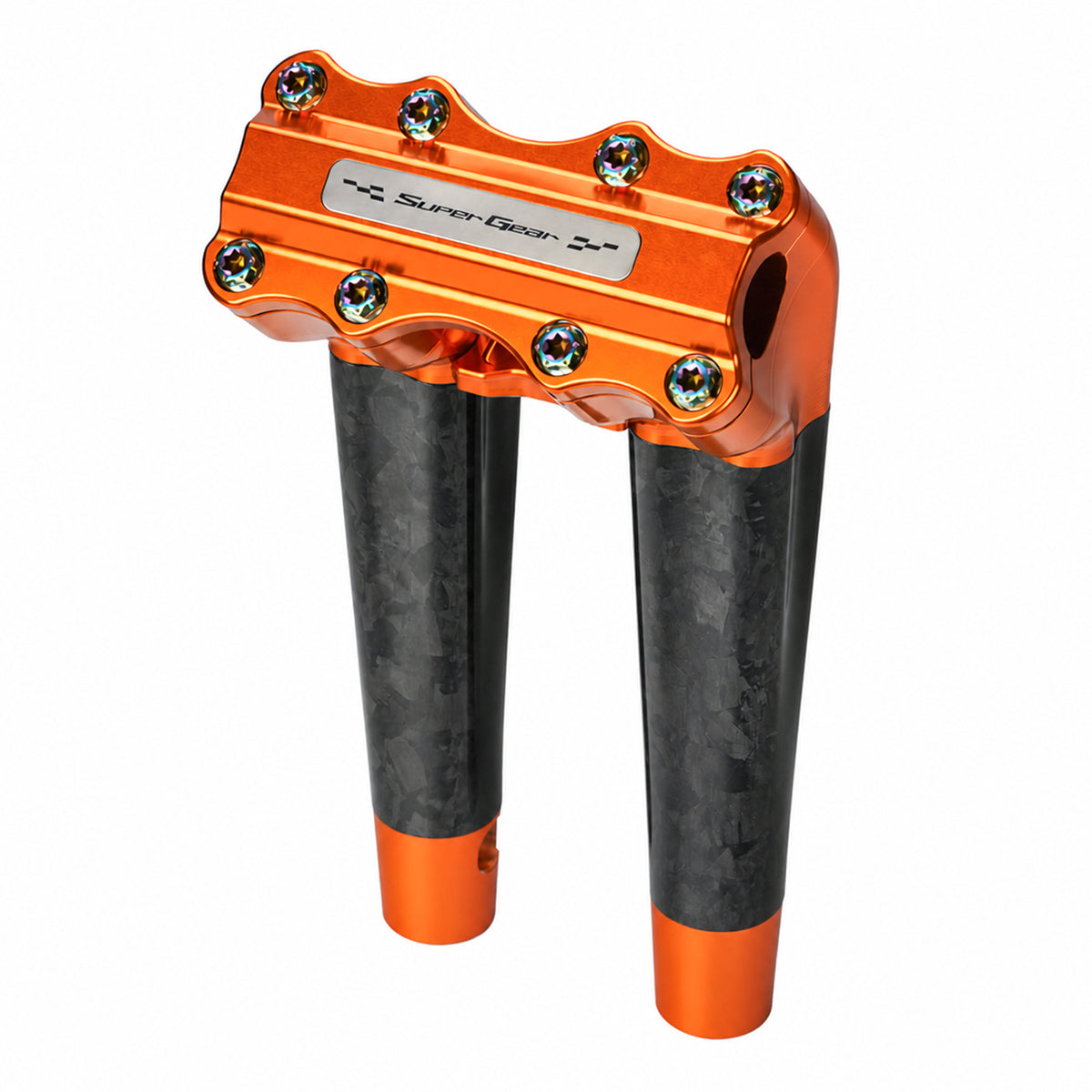 SuperGear RF7 10 inch pullback risers with matte forged carbon finish in Gulf Orange, CNC billet aluminum construction for Harley Touring, Road Glide, Street Glide, Performance Bagger, and custom Harley builds.
