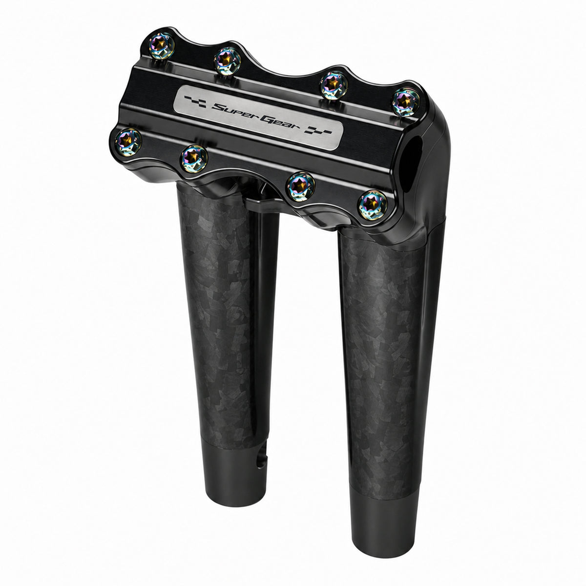 SuperGear RF7 10 inch pullback risers with matte forged carbon finish in Nightstrike Black, CNC billet aluminum construction for Harley Touring, Road Glide, Street Glide, Performance Bagger, and custom Harley builds.
