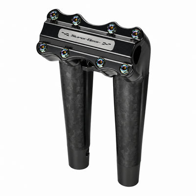 SuperGear RF7 10 inch pullback risers with matte forged carbon finish in Nightstrike Black, CNC billet aluminum construction for Harley Touring, Road Glide, Street Glide, Performance Bagger, and custom Harley builds.
