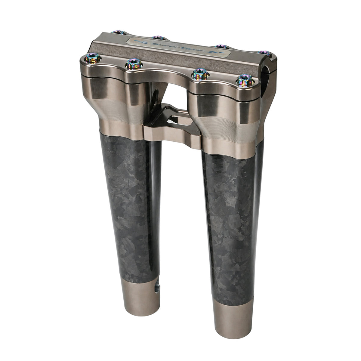 SuperGear RF7 10 inch pullback risers with matte forged carbon finish in Titanium Gold, CNC billet aluminum construction for Harley Touring, Road Glide, Street Glide, Performance Bagger, and custom Harley builds.
