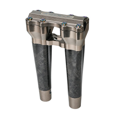 SuperGear RF7 10 inch pullback risers with matte forged carbon finish in Titanium Gold, CNC billet aluminum construction for Harley Touring, Road Glide, Street Glide, Performance Bagger, and custom Harley builds.
