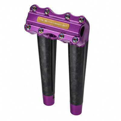 SuperGear RF7 12 inch pullback risers with matte forged carbon finish in Canyonshade Purple, CNC billet aluminum construction for Harley Touring, Road Glide, Street Glide, Performance Bagger, and custom Harley builds.
