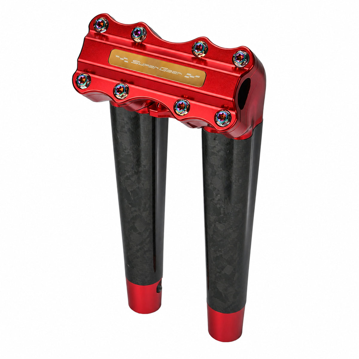 SuperGear RF7 12 inch pullback risers with matte forged carbon finish in Daytona Red, CNC billet aluminum construction for Harley Touring, Road Glide, Street Glide, Performance Bagger, and custom Harley builds.
