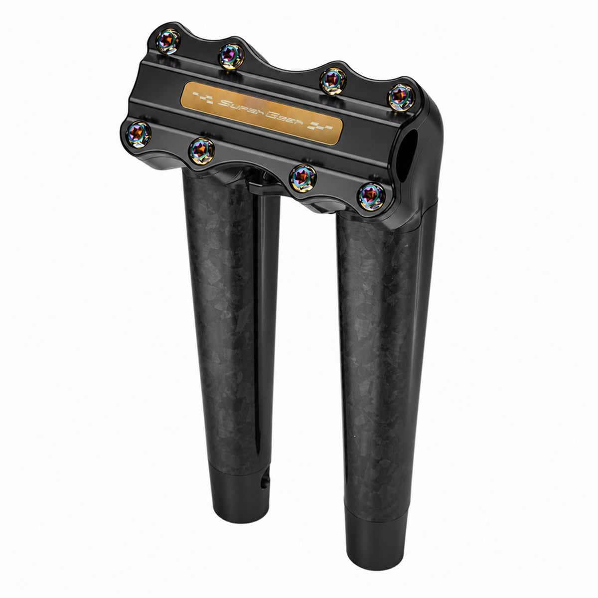 SuperGear RF7 12 inch pullback risers with matte forged carbon finish in Nightstrike Black, CNC billet aluminum construction for Harley Touring, Road Glide, Street Glide, Performance Bagger, and custom Harley builds.
