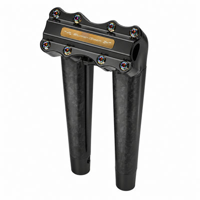 SuperGear RF7 12 inch pullback risers with matte forged carbon finish in Nightstrike Black, CNC billet aluminum construction for Harley Touring, Road Glide, Street Glide, Performance Bagger, and custom Harley builds.
