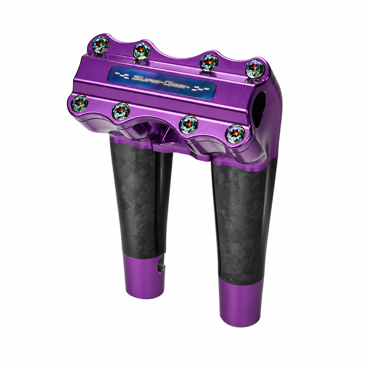 SuperGear RF7 8 inch pullback risers with matte forged carbon finish in Canyonshade Purple, CNC billet aluminum construction for Harley Touring, Road Glide, Street Glide, Performance Bagger, and custom Harley builds.
