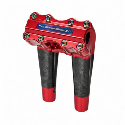 SuperGear RF7 8 inch pullback risers with matte forged carbon finish in Daytona Red, CNC billet aluminum construction for Harley Touring, Road Glide, Street Glide, Performance Bagger, and custom Harley builds.
