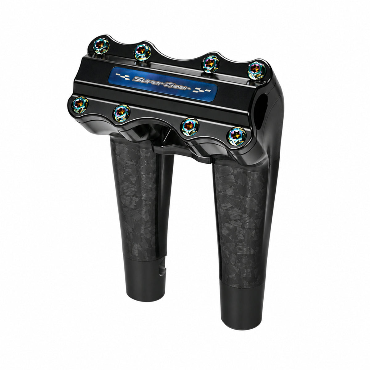 SuperGear RF7 8 inch pullback risers with matte forged carbon finish in Nightstrike Black, CNC billet aluminum construction for Harley Touring, Road Glide, Street Glide, Performance Bagger, and custom Harley builds.
