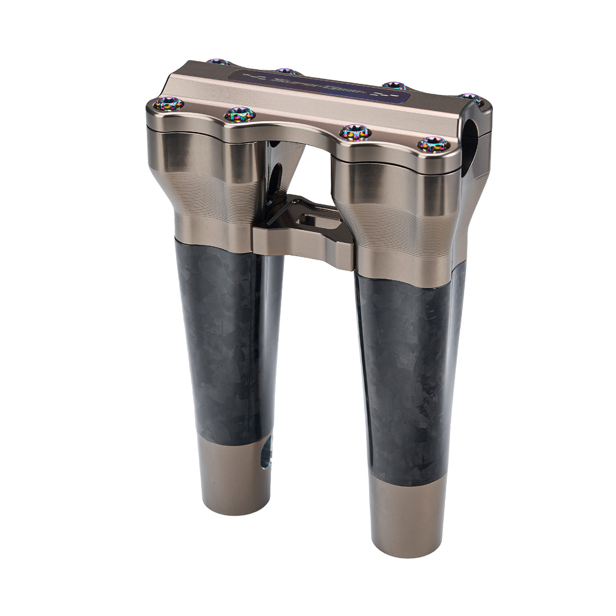SuperGear RF7 8 inch pullback risers with matte forged carbon finish in Titanium Gold, CNC billet aluminum construction for Harley Touring, Road Glide, Street Glide, Performance Bagger, and custom Harley builds.

