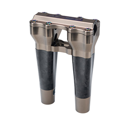 SuperGear RF7 8 inch pullback risers with matte forged carbon finish in Titanium Gold, CNC billet aluminum construction for Harley Touring, Road Glide, Street Glide, Performance Bagger, and custom Harley builds.
