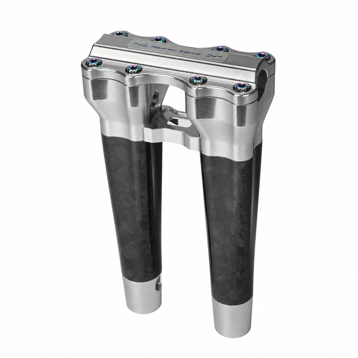 SuperGear RF7 10 inch straight risers with matte forged carbon finish in Ridgeline Silver, CNC billet aluminum construction for Harley Touring, Road Glide, Street Glide, Performance Bagger, and custom Harley builds.
