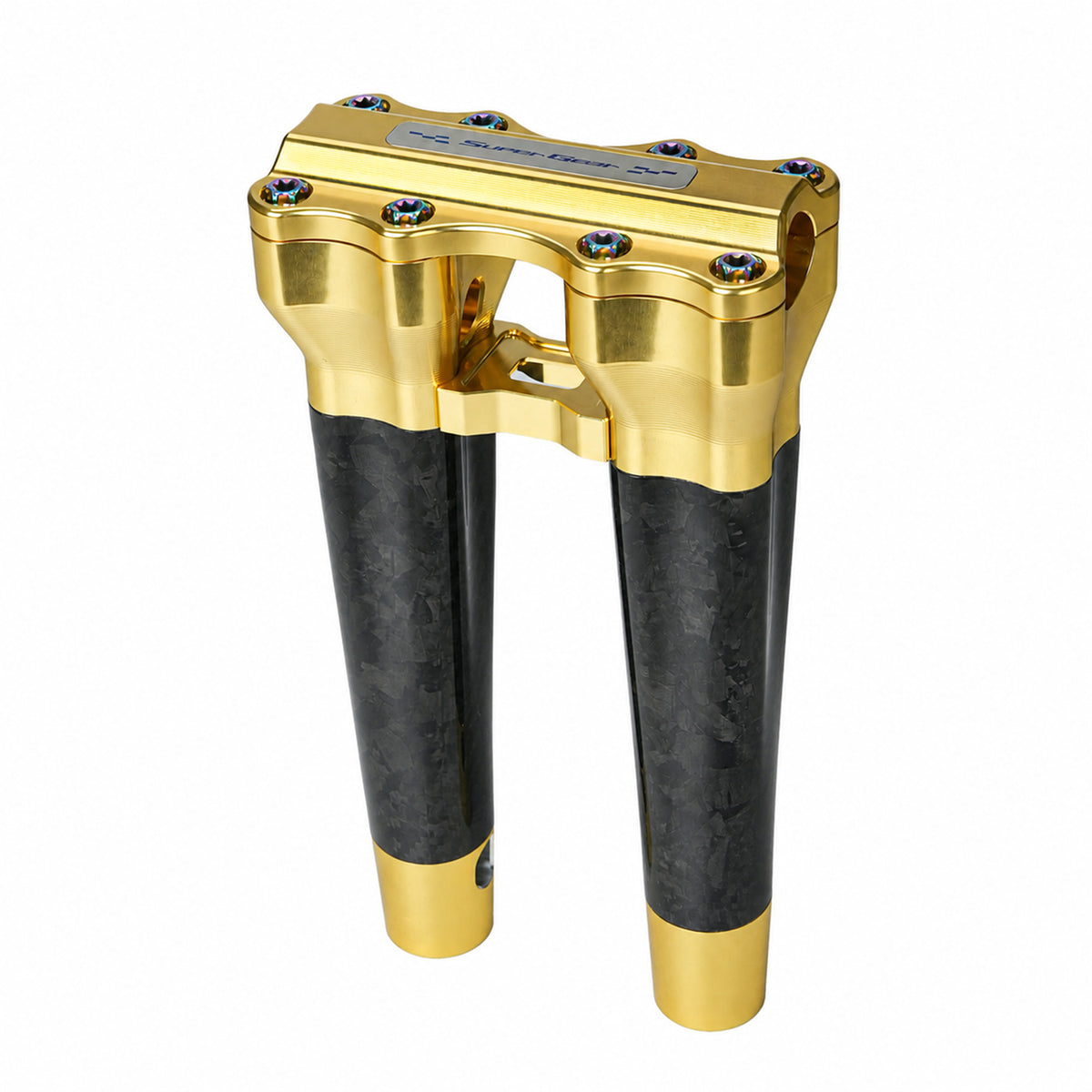 SuperGear RF7 10 inch straight risers with matte forged carbon finish in Champagne Gold, CNC billet aluminum construction for Harley Touring, Road Glide, Street Glide, Performance Bagger, and custom Harley builds.
