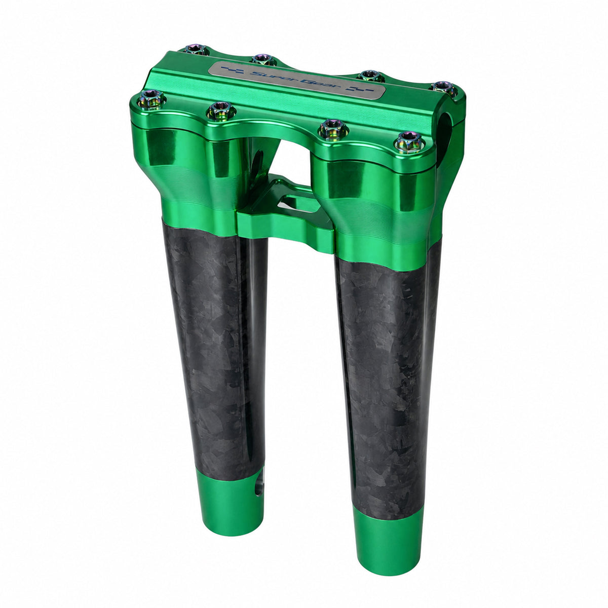 SuperGear RF7 10 inch straight risers with matte forged carbon finish in Viper Green, CNC billet aluminum construction for Harley Touring, Road Glide, Street Glide, Performance Bagger, and custom Harley builds.
