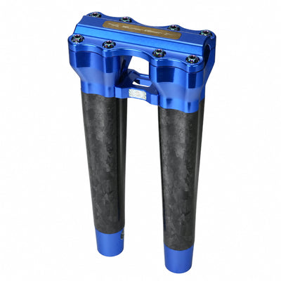 SuperGear RF7 12 inch straight risers with matte forged carbon finish in Deep Current Blue, CNC billet aluminum construction for Harley Touring, Road Glide, Street Glide, Performance Bagger, and custom Harley builds.
