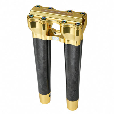 SuperGear RF7 12 inch straight risers with matte forged carbon finish in Champagne Gold, CNC billet aluminum construction for Harley Touring, Road Glide, Street Glide, Performance Bagger, and custom Harley builds.
